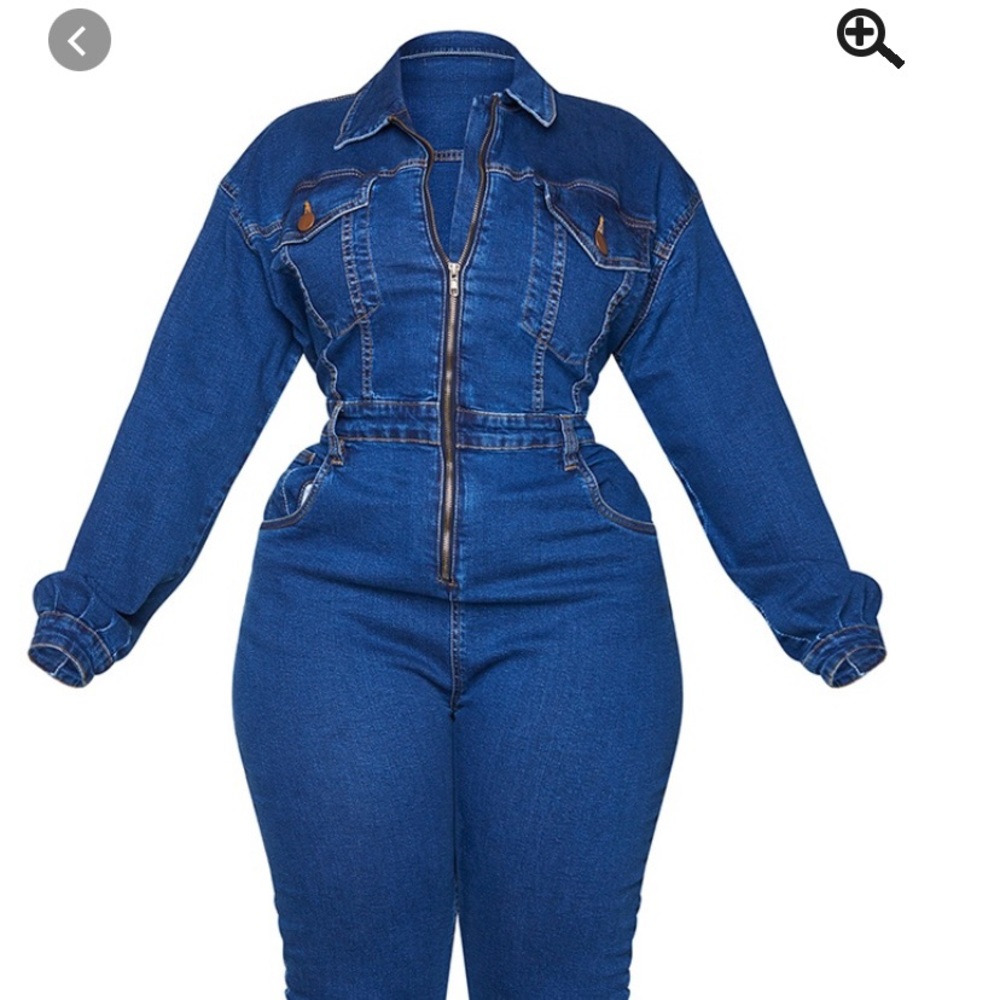 PrettyLittleThing Plus Mid Blue Was Denim Zip Front Jumpsuit